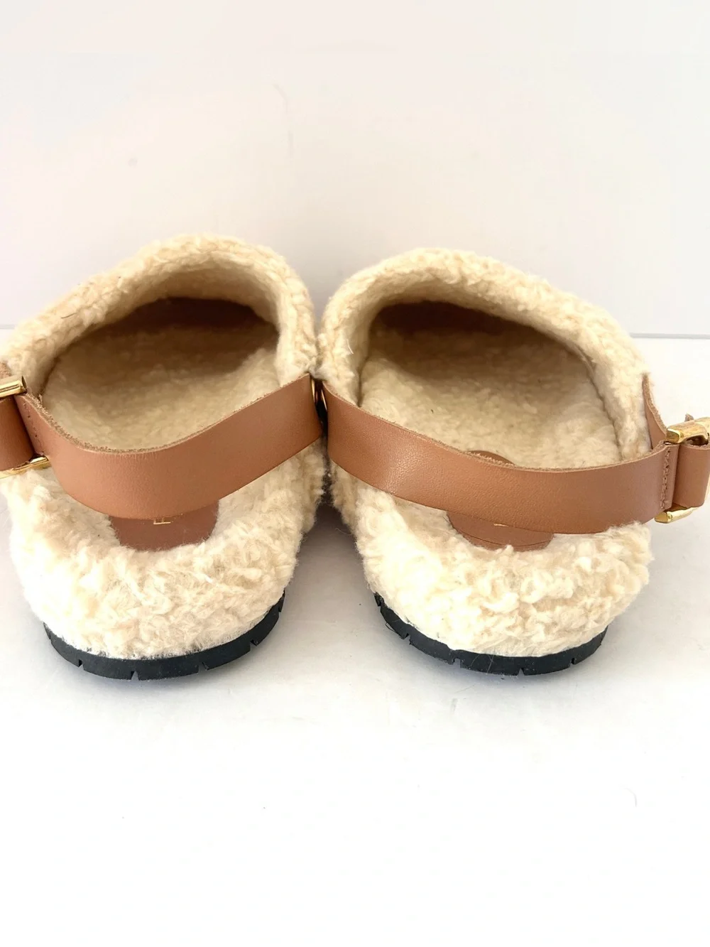 Anthropologie Pilcro Faux Shearling Clogs Beige Tan Leather Slippers Fleece US 9 - Picture 6 of 9